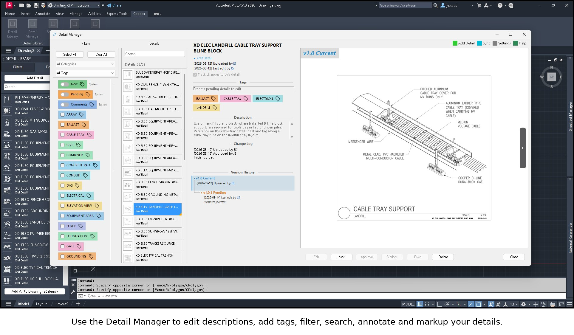 Caddex Detail Manager showing tagged, searchable AutoCAD details with a selected cable tray support detail marked version 1.0 Current alongside its revision history.