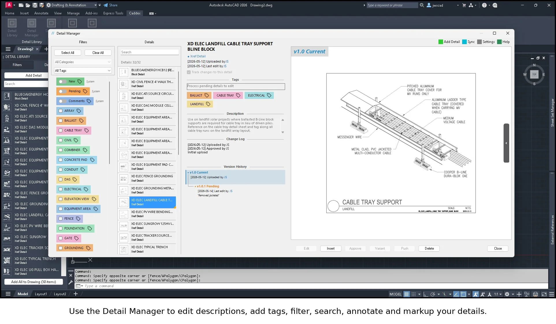 Caddex Detail Manager showing tagged, searchable AutoCAD details with a selected cable tray support detail marked version 1.0 Current alongside its revision history.