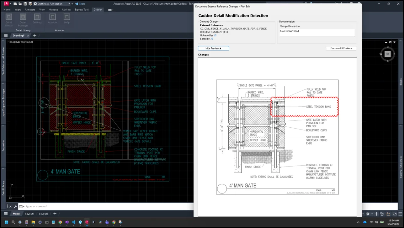 Caddex automatically detecting a modified AutoCAD detail.