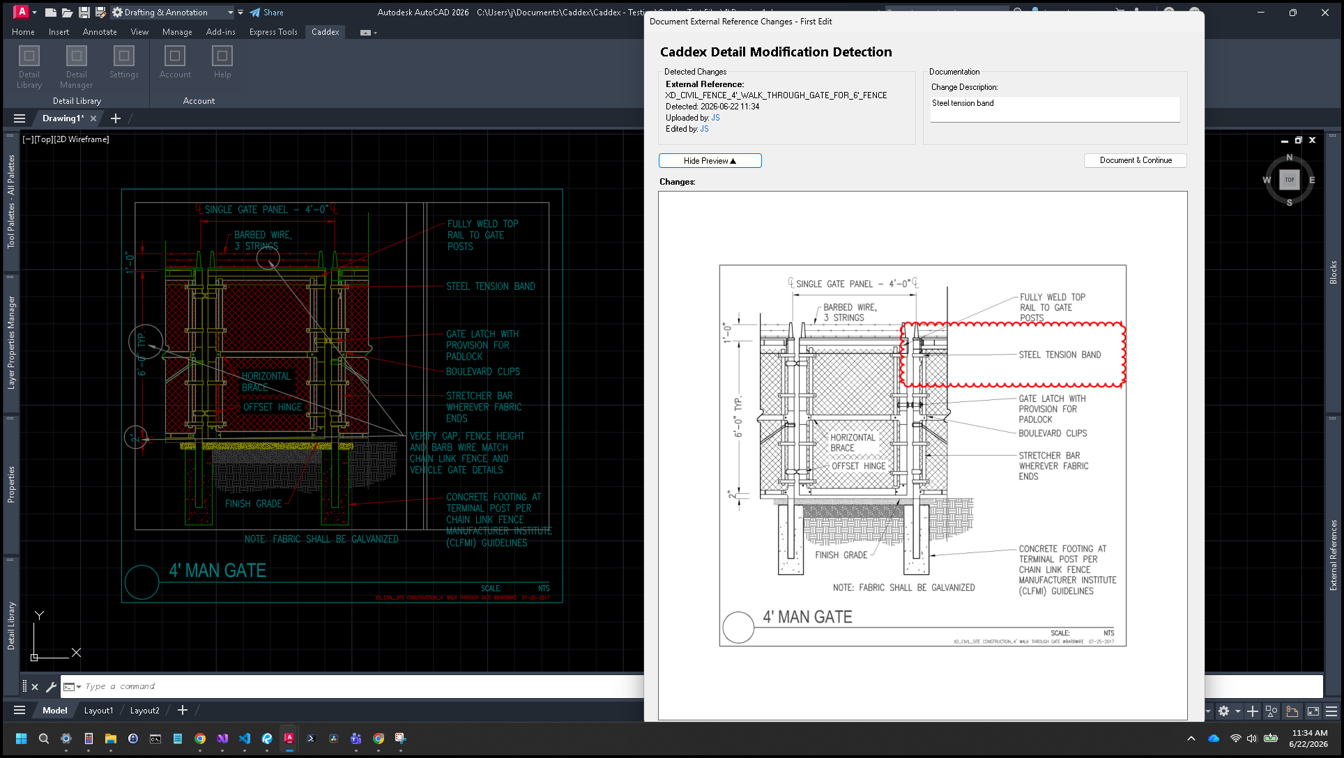 Caddex automatically detecting a modified AutoCAD detail.
