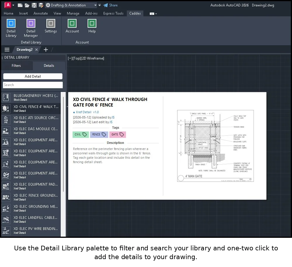 Caddex Detail Library palette docked inside AutoCAD, showing a searchable list of standard details with a preview of a selected detail ready to insert into the drawing.