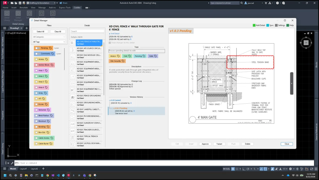 Caddex Detail Manager showing tagged, searchable AutoCAD details alongside full version history.