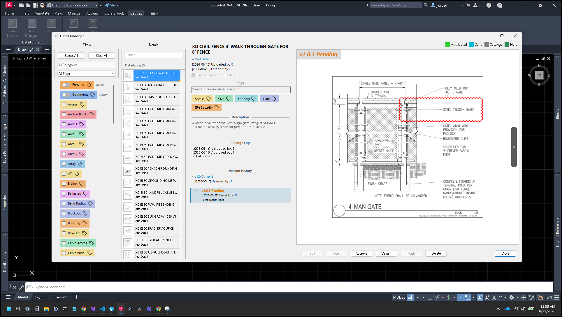 Caddex Detail Manager showing tagged, searchable AutoCAD details alongside full version history.