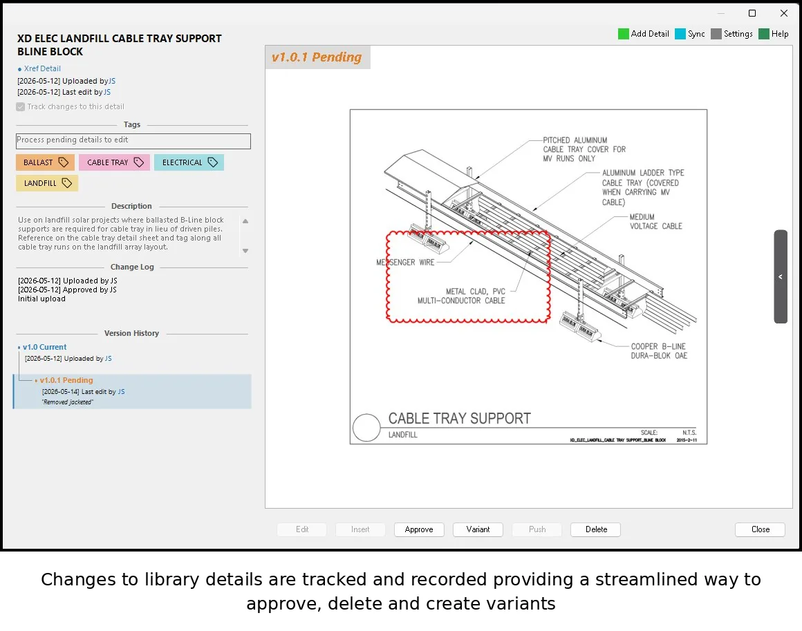 Caddex change detection view showing a pending AutoCAD detail revision marked v1.0.1 Pending with highlighted changes and options to approve, reject, or delete as part of the standards approval workflow.